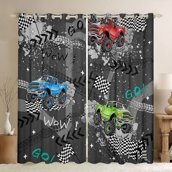 Castle Fairy Cartoon Monster Truck Black Out Curtains for Boys, Racing Checkered Flag Curtains Pack of 2 (42x63 Each) for Bedroom, Gray Blue Green