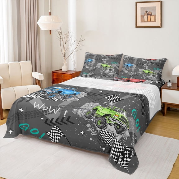 Castle Fairy Cartoon Monster Truck Full Size Sheets 4-Piece for Boys, Racing Checkered Flag Bed Sheets for Bedroom, Gray Blue Green