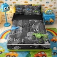 thumbnail image 1 of Castle Fairy Cartoon Monster Truck Zipper Full Size Comforter Sets with Fitted Sheet and 2 Pillowcases for Boys,Racing Checkered Flag Zipper Bedding Set,Gray Blue Green,4pcs,Black Reversible, 1 of 6