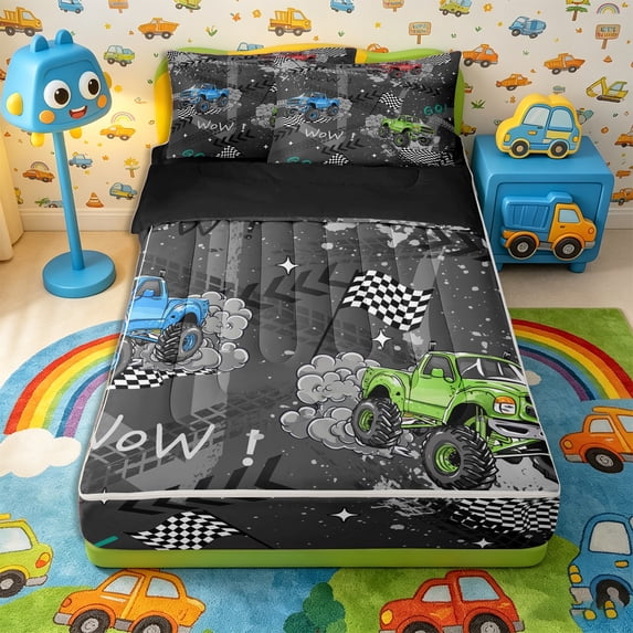 Castle Fairy Cartoon Monster Truck Zipper Full Size Comforter Sets with Fitted Sheet and 2 Pillowcases for Boys,Racing Checkered Flag Zipper Bedding Set,Gray Blue Green,4pcs,Black Reversible