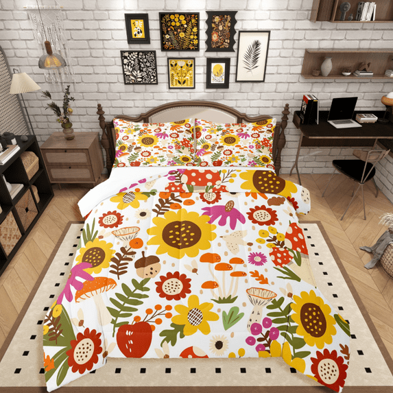 Castle Fairy Cartoon Mushroom 2pcs Bedding Comforter Set,Vintage Flower Twin Comforter Sets,Spring Garden Breathable Bedding Set,Breathable Botanical Home Decor
