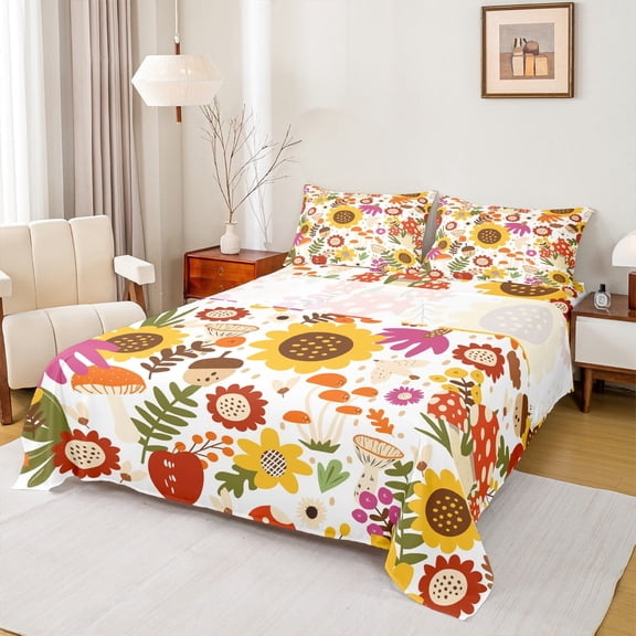 Castle Fairy Cartoon Mushroom 3pcs Twin Sheet Sets,Vintage Flower Twin Fitted Sheet,Spring Garden Breathable Flat Sheet,Breathable Botanical Home Decor