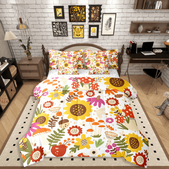 Castle Fairy Cartoon Mushroom 7pcs Bedding Comforter Set,Vintage Flower Queen Bedding Sets Super Cozy,Spring Garden Queen Sheet Sets,Breathable Botanical Home Decor