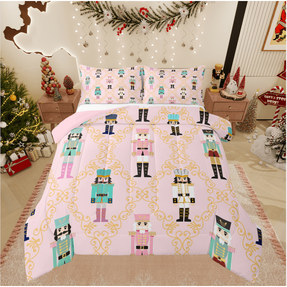 Castle Fairy Cartoon Nutcracker Girl 3 Pieces Queen Comforter Set,Geometric Plaid Ultra Soft Bedding Sets,Merry Christmas Bedding Comforter Set,Breathable Home Decor