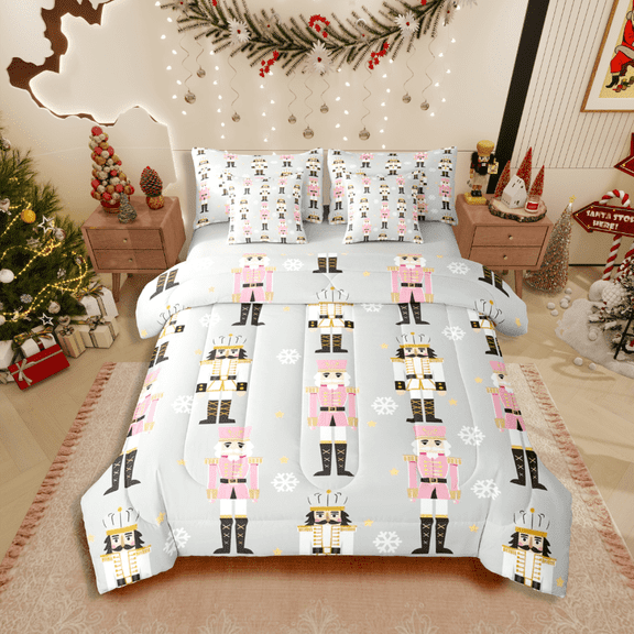 Castle Fairy Cartoon Nutcracker Girl 7-Piece Twin Bedding Sets,Merry Christmas Bedding Comforter Set,Winter Snowflake Breathable Sheet Sets,Lightweight Room Decor