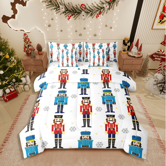Castle Fairy Cartoon Nutcracker Girl 7pcs Bedding Comforter Set,Merry Christmas Queen Bedding Sets Super Cozy,Winter Snowflake Queen Sheet Sets,Lightweight Room Decor