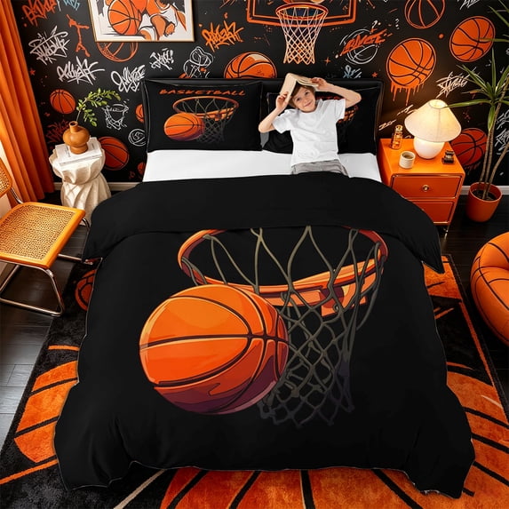 Castle Fairy Cartoon Orange Basketball Hoop Duvet Cover Queen, Sports Court Print Queen Bedding, Black Orange,Black Reversible,3-Piece,1 Duvet Cover and 2 Pillowcases