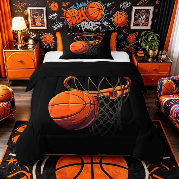 Castle Fairy Cartoon Orange Basketball Hoop Twin Comforter Sets 2pcs, Sports Court Print Bedding Set, Black Orange,Black Reversible,1 Comforter and 1 Pillowcase