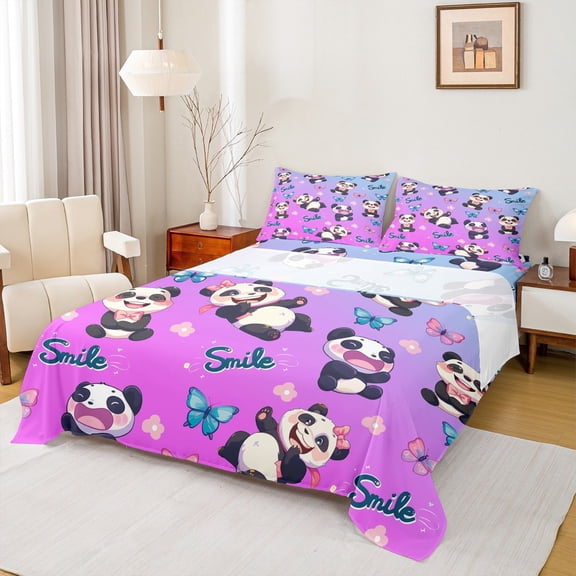 Castle Fairy Cartoon Panda Bed Sheets,Kawaii Floral Butterflies King Sheets