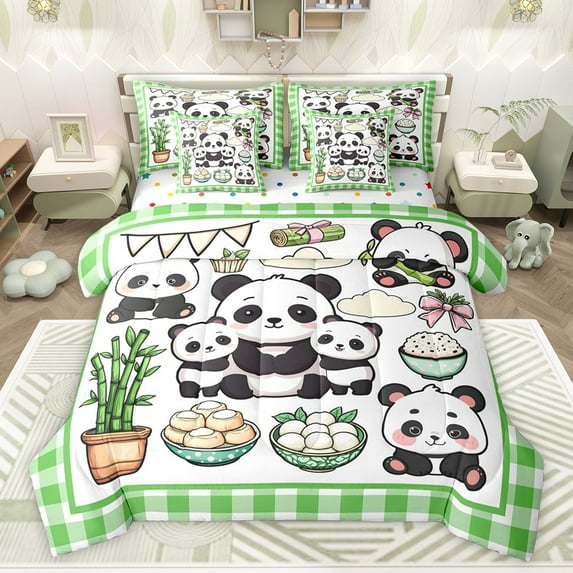 Castle Fairy Cartoon Panda Bedding Comforter Set 7-Piece for Preppy Child,Green Geometric Plaid King Bedding Sets,Cute Bow Animal Ultra Soft Bed Sheets,Microfiber Bedroom Decor,Reversible