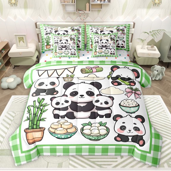 Castle Fairy Cartoon Panda Bedding Comforter Set 7 Pieces for Preppy Child,Green Geometric Plaid Full Bedding Set Lightweight,Cute Bow Animal Fitted Sheet Flat Sheet,Microfiber Bedroom Decor