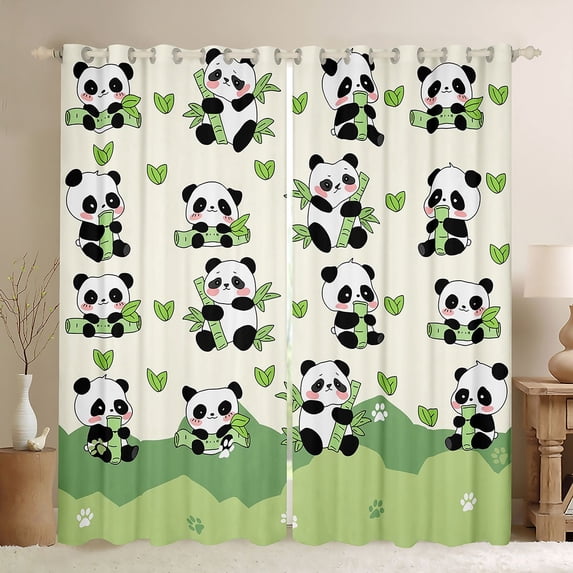 Castle Fairy Cartoon Panda Black Out Curtains,Green Leaves Curtains Pack of 2 (42x63 Each)