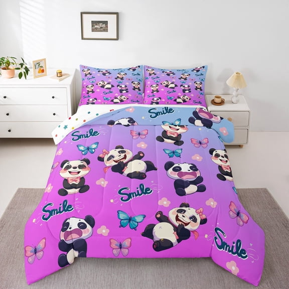 Castle Fairy Cartoon Panda Queen Comforter Set,Floral Butterflies Bedding Comforter Set