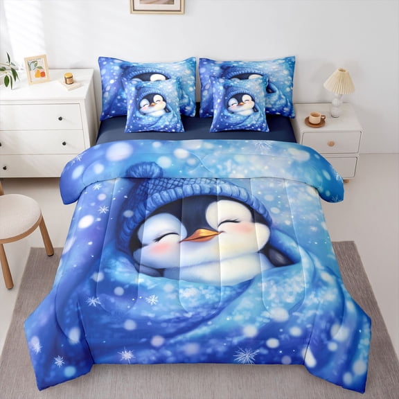 Castle Fairy Cartoon Penguin Bedding Comforter Set,Winter Snowflakes Full Bedding Set