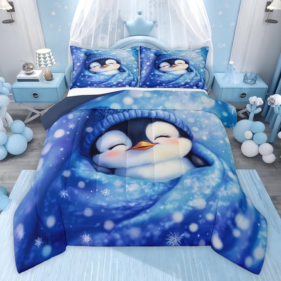 Castle Fairy Cartoon Penguin Full Size Comforter Sets,Winter Snowflakes Bedding Sets