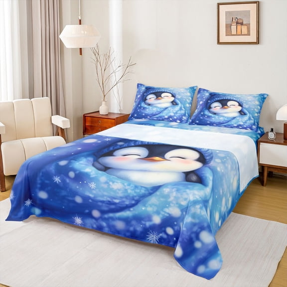 Castle Fairy Cartoon Penguin Full Size Sheets,Winter Snowflakes Bed Sheets