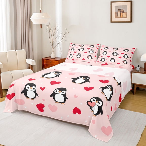 Castle Fairy Cartoon Penguin Twin Sheet Sets,Red Love Heart Bedding