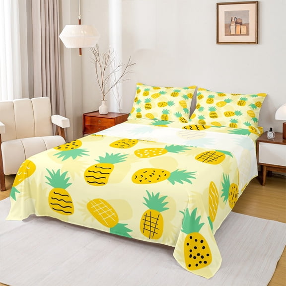 Castle Fairy Cartoon Pineapple Twin Sheet Sets 3pcs,Tropical Plants Fruit Twin Fitted Sheet Microfiber,Green Yellow Breathable Flat Sheet,Luxury Bedroom Decor