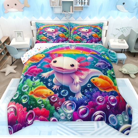 Castle Fairy Cartoon Pink Axolotl Full Size Comforter Sets,Ocean Salamander Bedding Sets