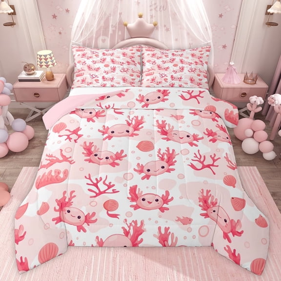 Castle Fairy Cartoon Pink Axolotl Twin Comforter Sets,Cute Ocean Animal Bedding Set