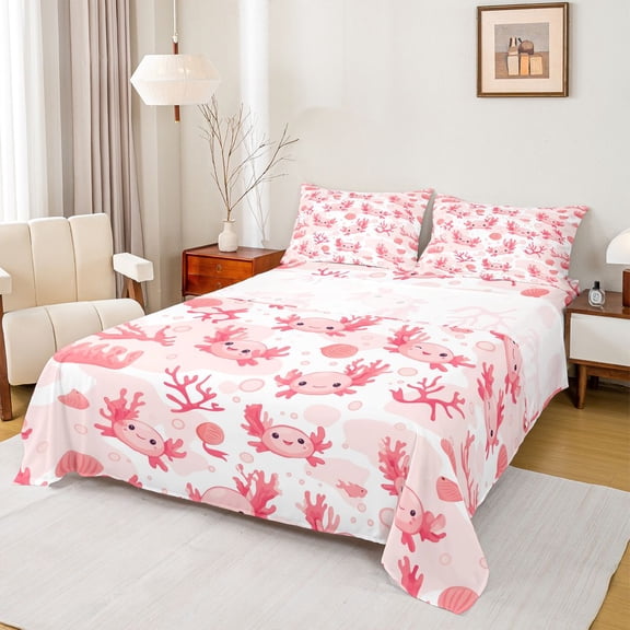 Castle Fairy Cartoon Pink Axolotl Twin Sheet Sets,Cute Ocean Animal Bedding