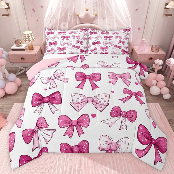 Castle Fairy Cartoon Pink Bow Full Size Comforter Sets,Kawaii Ribbon Bowknot Bedding Sets