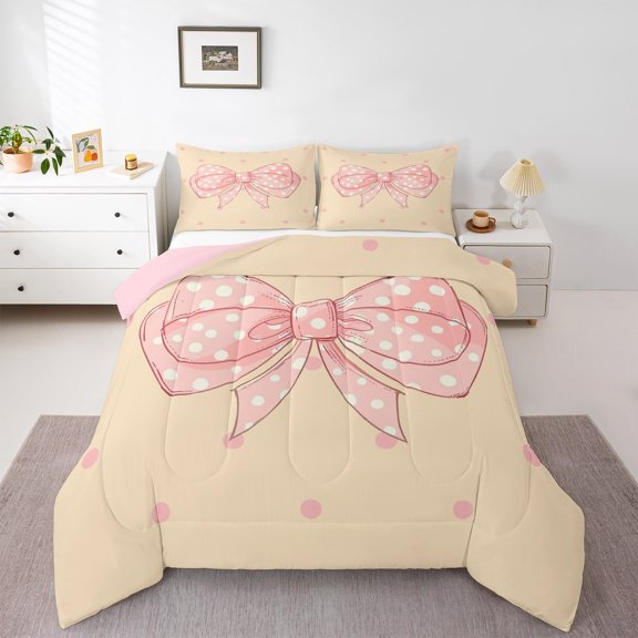Castle Fairy Cartoon Pink Bow Girl Full Size Comforter Sets,Cute Polka Dots Bedding Sets