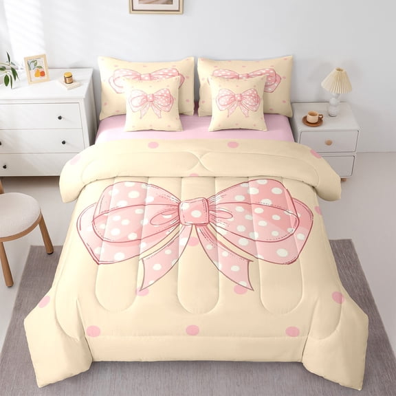 Castle Fairy Cartoon Pink Bow Girl Twin Bedding Sets,Cute Polka Dots Bedding Comforter Set