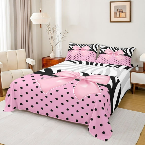 Castle Fairy Cartoon Pink Bow Knot Twin Sheet Sets,Polka Dots Bedding