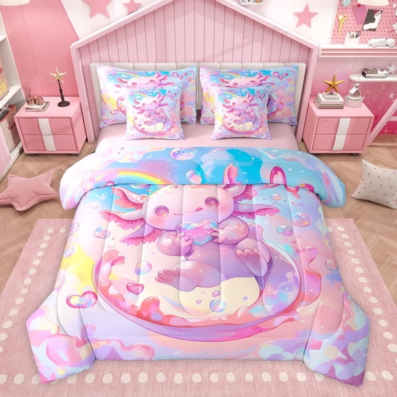 Castle Fairy Cartoon Pink Salamander Twin Bedding Sets,Axolotl Bedding Comforter Set