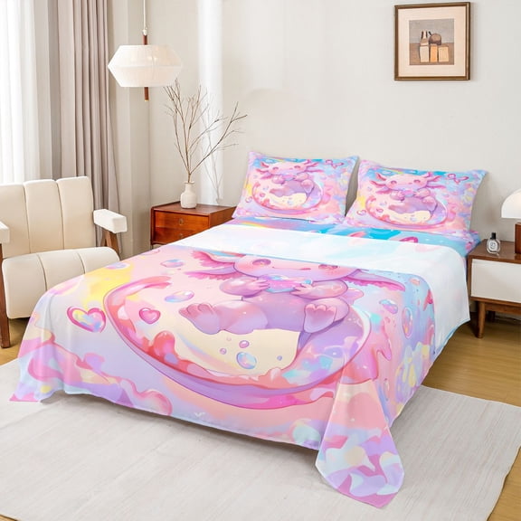 Castle Fairy Cartoon Pink Salamander Twin Sheet Sets,Kawaii Animal Axolotl Bedding