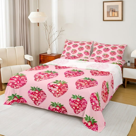 Castle Fairy Cartoon Pink Strawberry Girl 4Pcs Bed Sheets,Bling Glitter King Sheets,Dreamy Princess Super Cozy Sheet Set,Ultra Soft Home Decor