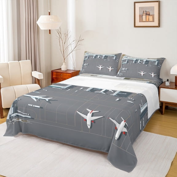 Castle Fairy Cartoon Plane 4-Piece Full Size Sheets,Transportation Theme Bed Sheets,Aircraft Airplane Lightweight Sheet Sets,Lightweight Kawaii Room Decor
