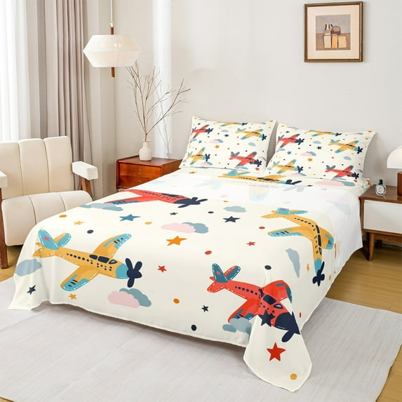 Castle Fairy Cartoon Plane 4pcs Bed Sheets,Stars Print King Sheets,Transportation Theme Super Cozy Sheet Set,Breathable Airplane Home Decor