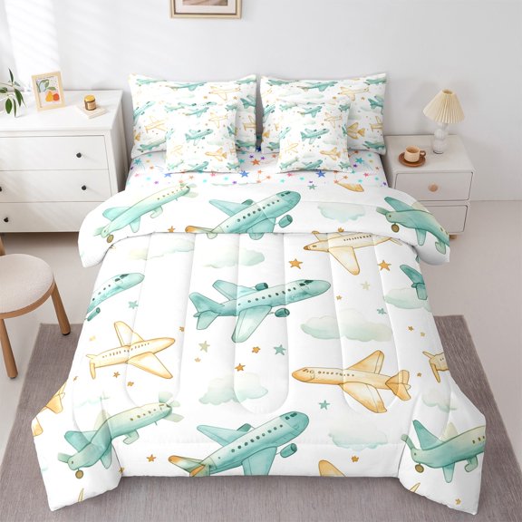 Castle Fairy Cartoon Plane 7-Piece Twin Bedding Sets for Child Boys Teens,Stars Print Bedding Comforter Set,Transportation Theme Breathable Sheet Sets,Microfiber Bedroom Decor