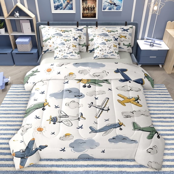 Castle Fairy Cartoon Plane Bedding Comforter Set 7-Piece for Boys Girls,Kawaii Aircraft King Bedding Sets,Transportation Theme Ultra Soft Bed Sheets,Ultra Soft Home Decor,Reversible