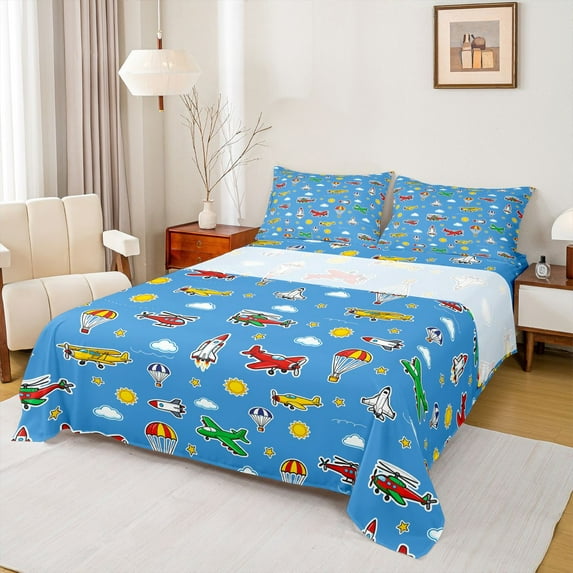 Castle Fairy Cartoon Plane Rocket Twin Sheet Sets 3pcs for Boys Girls,Kawaii Aircraft Twin Fitted Sheet Microfiber,Transportation Theme Breathable Flat Sheet,Ultra Soft Home Decor