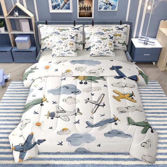 Castle Fairy Cartoon Plane Twin Bedding Sets 7-Piece for Boys Girls,Kawaii Aircraft Bedding Comforter Set Microfiber,Transportation Theme Breathable Sheet Sets,Ultra Soft Home Decor,Reversible