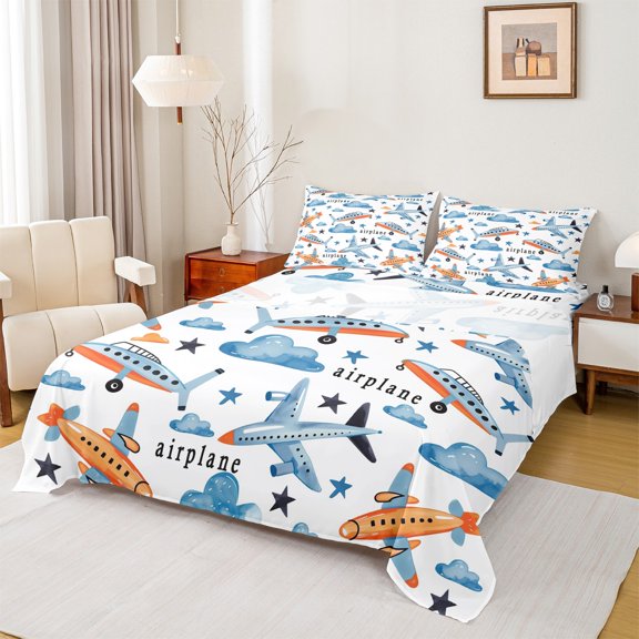 Castle Fairy Cartoon Plane Twin Sheet Sets for Kids Boys Girls,Transportation Bedding