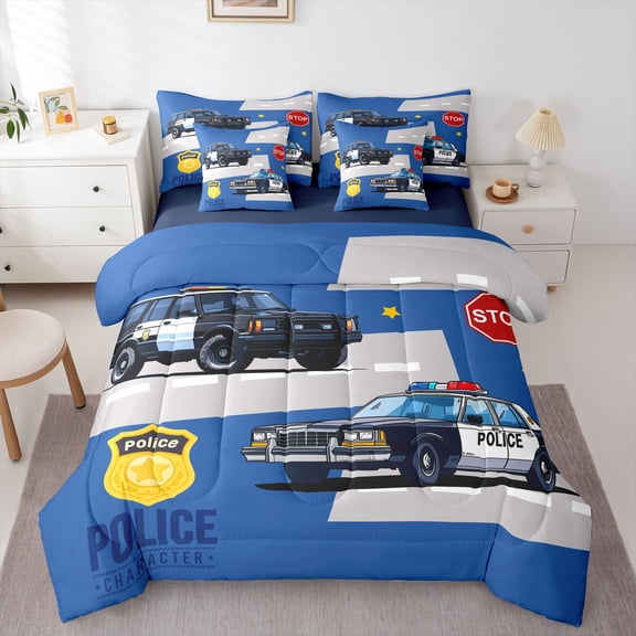 Castle Fairy Cartoon Police Car Bedding Comforter Set,Kawaii Car Theme Full Bedding Set