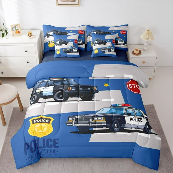 Castle Fairy Cartoon Police Car Bedding Comforter Set,Kawaii Car Theme Queen Bedding Sets
