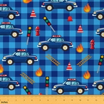 Castle Fairy Cartoon Police Car Fabric by the Yard 1 Yard for Boys, Blue Plaid Home Decor Fabric by the Yard, Traffic Light Sewing Fabric