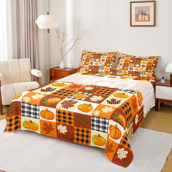 Castle Fairy Cartoon Pumpkin 3pcs Twin Sheet Sets,Botanical Plants Twin Fitted Sheet,Geometric Plaid Breathable Flat Sheet,Luxury Teens Bedroom Decor