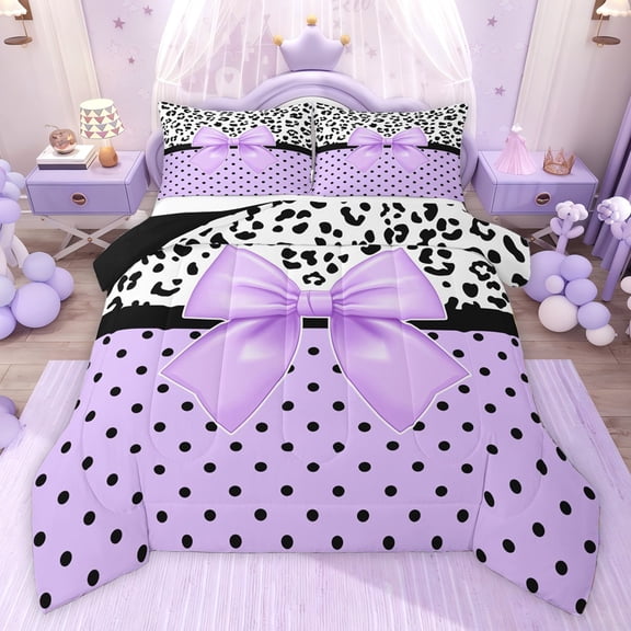 Castle Fairy Cartoon Purple Bow Knot Queen Comforter Set,Polka Dots Bedding Comforter Set