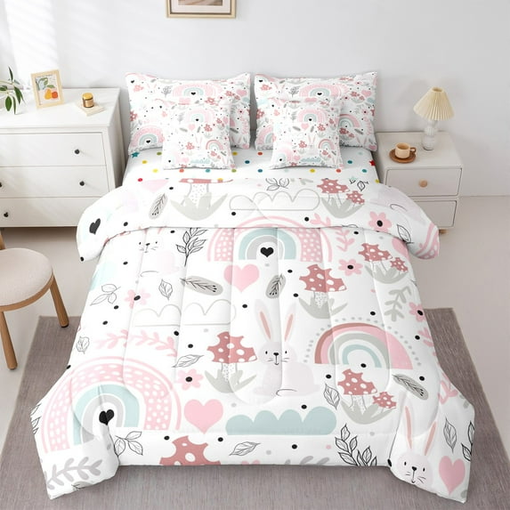 Castle Fairy Cartoon Rabbit 7-Piece Twin Bedding Sets,Rainbow Mushroom Bedding Comforter Set,Kawaii Animal Breathable Sheet Sets,Luxury Floral Bedroom Decor,Reversible
