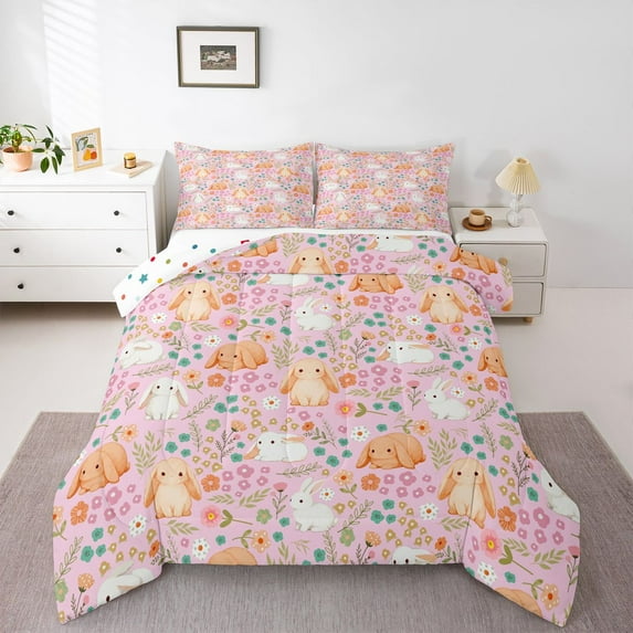 Castle Fairy Cartoon Rabbits 3 Pieces Queen Comforter Set for Kids Children,Cute Floral Animal Ultra Soft Bedding Sets,Spring Garden Flowers Bedding Comforter Set Breathable,Lightweight Room Decor