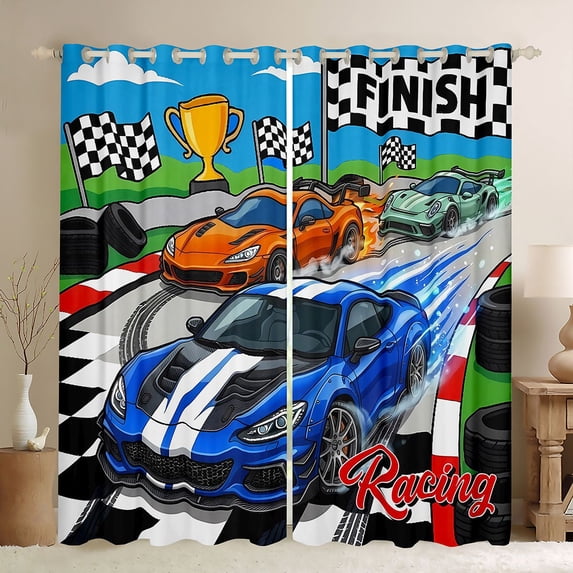 Castle Fairy Cartoon Race Car Blackout Curtains Set of 2 (52x84 Each) for Kids, Trophy Print Window Curtains for Modern Room, Blue Green