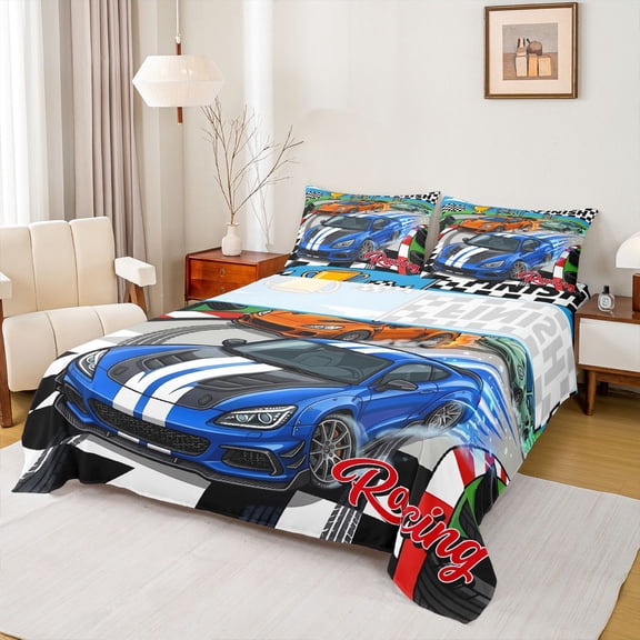 Castle Fairy Cartoon Race Car Queen Sheet Sets 4 Pieces for Kids, Trophy Print Bed Set for Modern Room, Blue Green