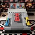 thumbnail image 1 of Castle Fairy Cartoon Race Car Zipper Full Size Comforter Sets with Fitted Sheet and 2 Pillowcases for Boys,Checkered Flag Art Zipper Bedding Set for Bedroom,Red Blue,4pcs,Grey Reversible, 1 of 6