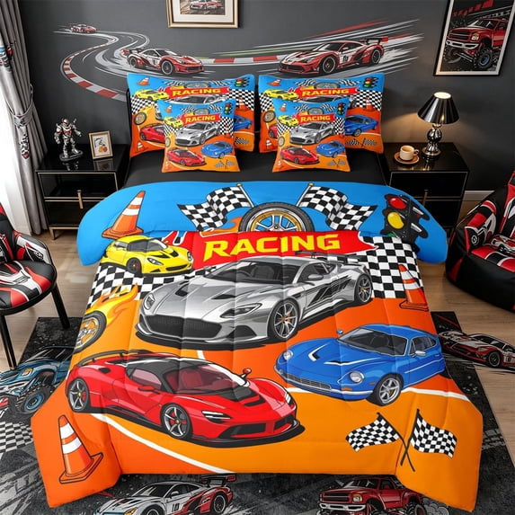 Castle Fairy Cartoon Racing Car Bedding Comforter Set 7-Piece for Teens, Race Cone Print King Bedding Sets for Bedroom, Blue Orange,Black Reversible